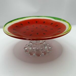 Watermelon Glass Pedestal Dessert Plate - Red & Green